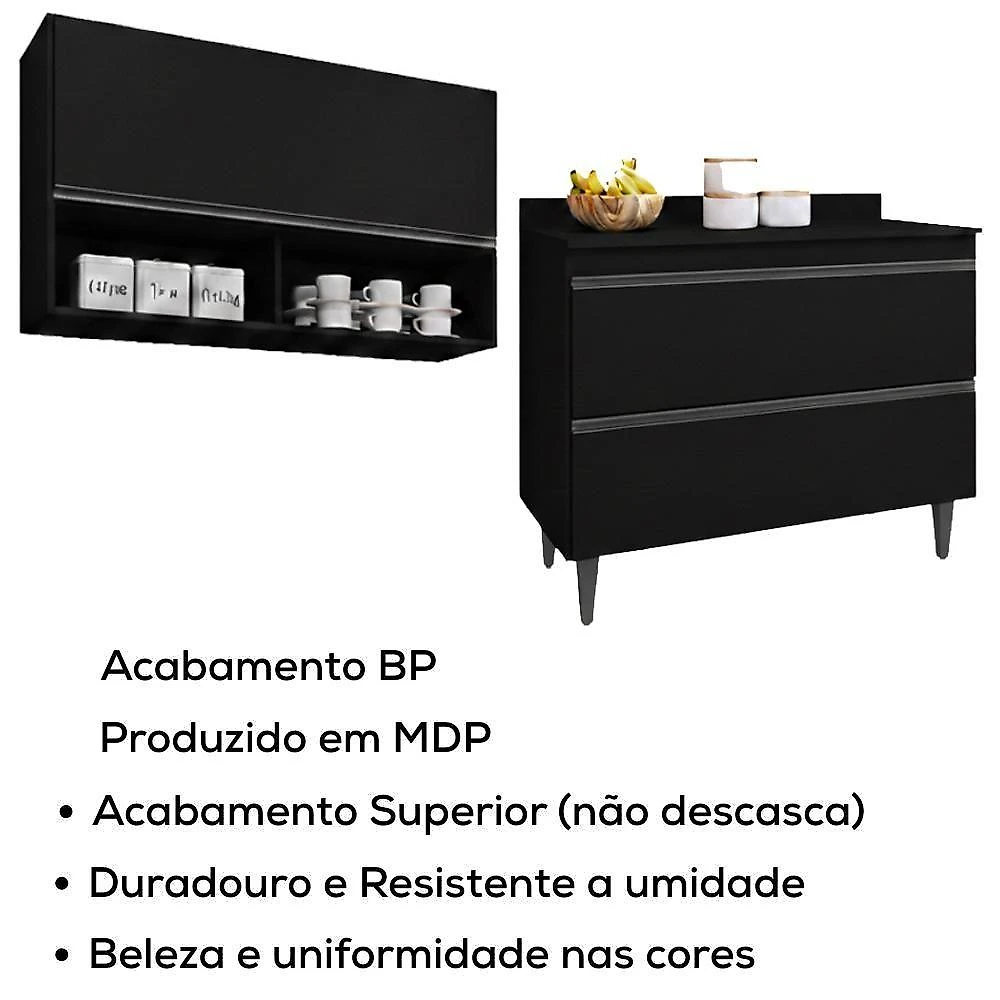 Armário Aéreo e Balcão com Tampo 100CM MDP Basculante Preto Milani Movelaria webcontinental-8820419920674
