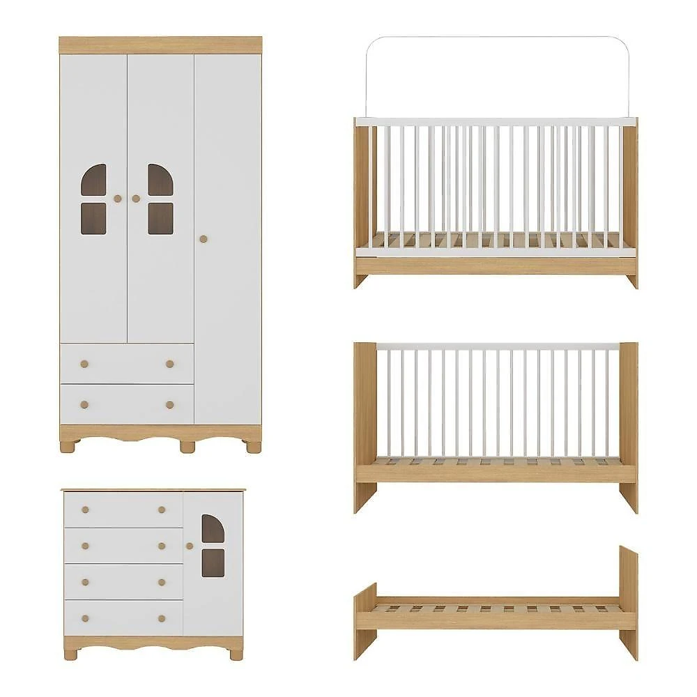 Quarto De Bebê Completo Com Berço 3 Em 1 Colchão Incluso Aurora Multimóveis MP4576 Madeirado-branco