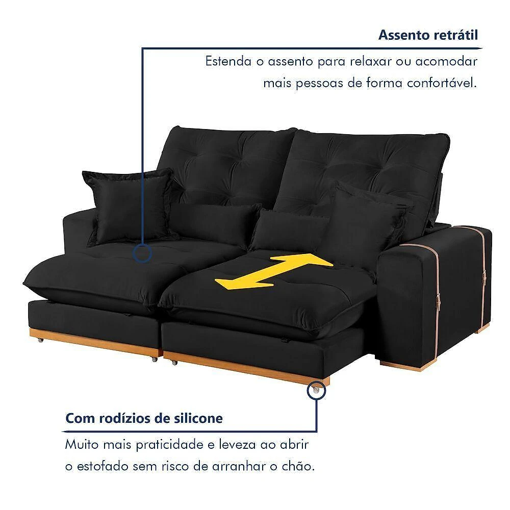 Sofá Milano 5 Lugares Retrátil e Reclinável 290CM Preto Veludo