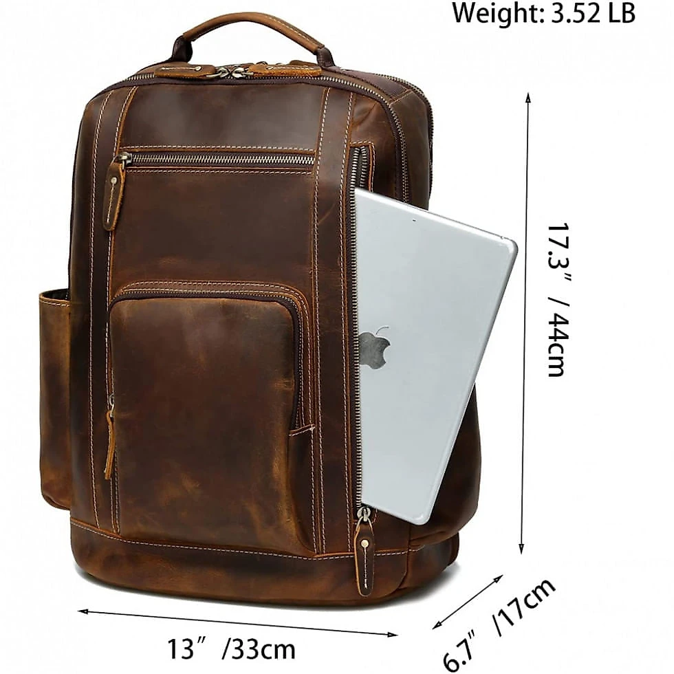Mochila Masculina para Laptop 40cm 24L de Couro, LANNSYNE, Marrom