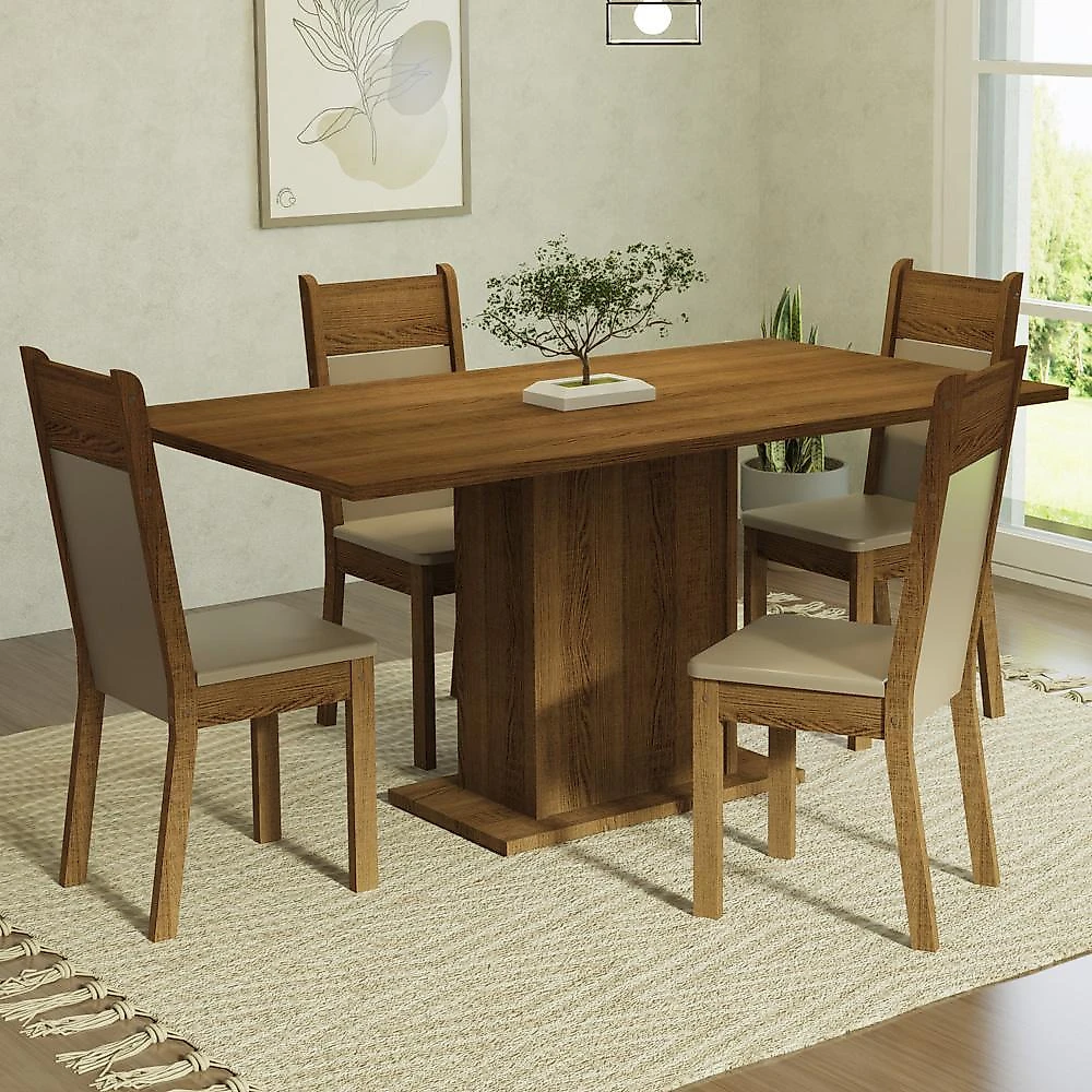 Conjunto sala de jantar mesa tampo de madeira 4 cadeiras rustic/crema/bege elisa madesa