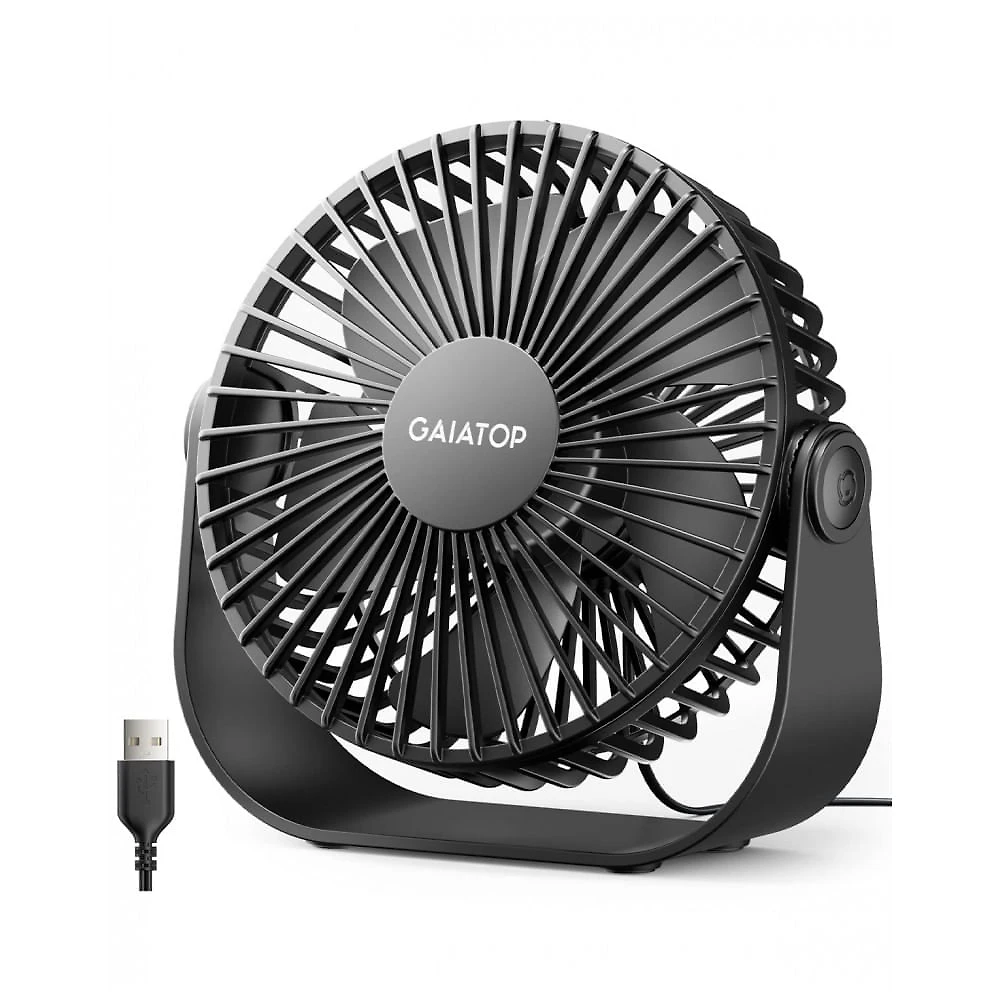 Ventilador de Mesa USB Gaiatop Preto 14 cm, 3 Velocidades até 4,8 m/s 2500 RPM, Rotação 90°, Silencioso 40 dB, 5 Lâminas, Modelo TF55B