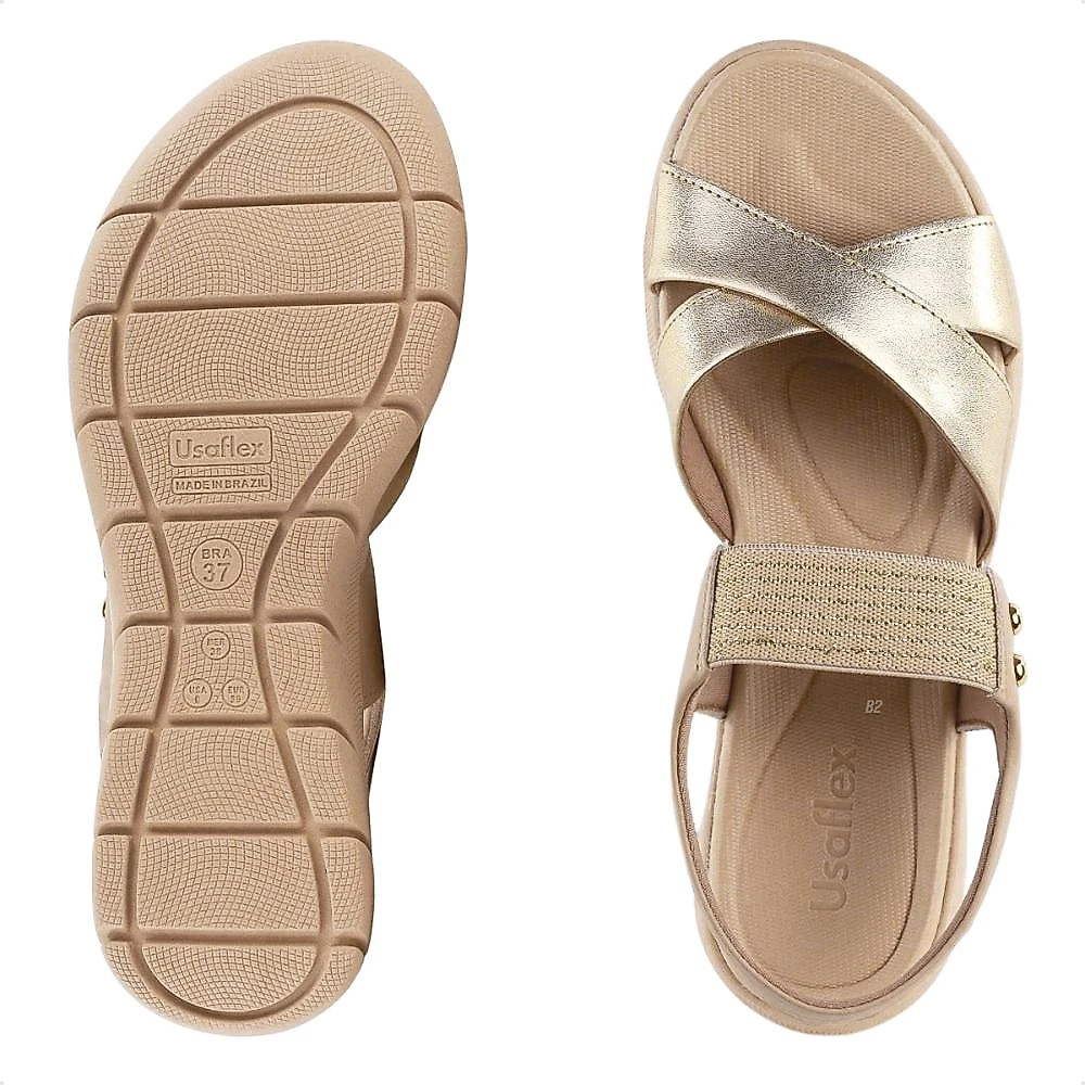 Sandália Usaflex Plataforma Tira Elástico Feminina Bege / Dourado - 34
