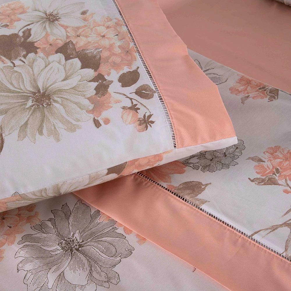 Jogo Cama Lençol Encanto Queen Estampado Percal 180 Fios C/ Ponto Palito 4 Peças - Floral - Salmão