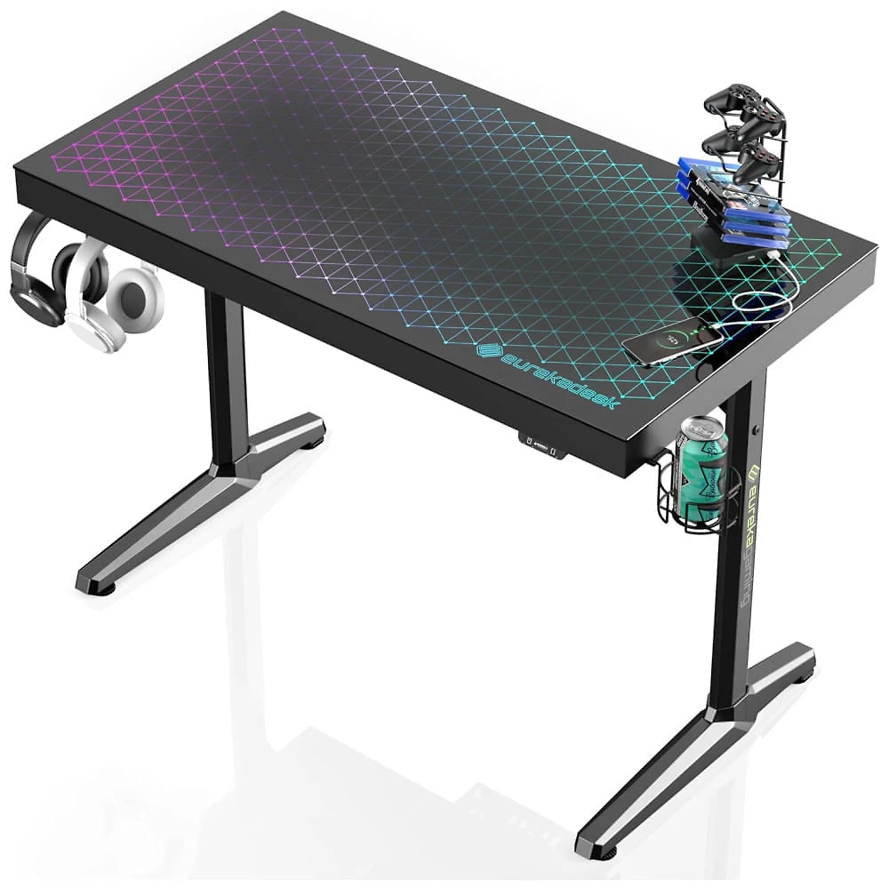 Mesa Gamer  Ergonômica 43" 109 cm com Ganchos para Fones de Ouvido, 4 Portas USB, Luz LED com Sincronização Musical e Suporte para Monitor, 110V,