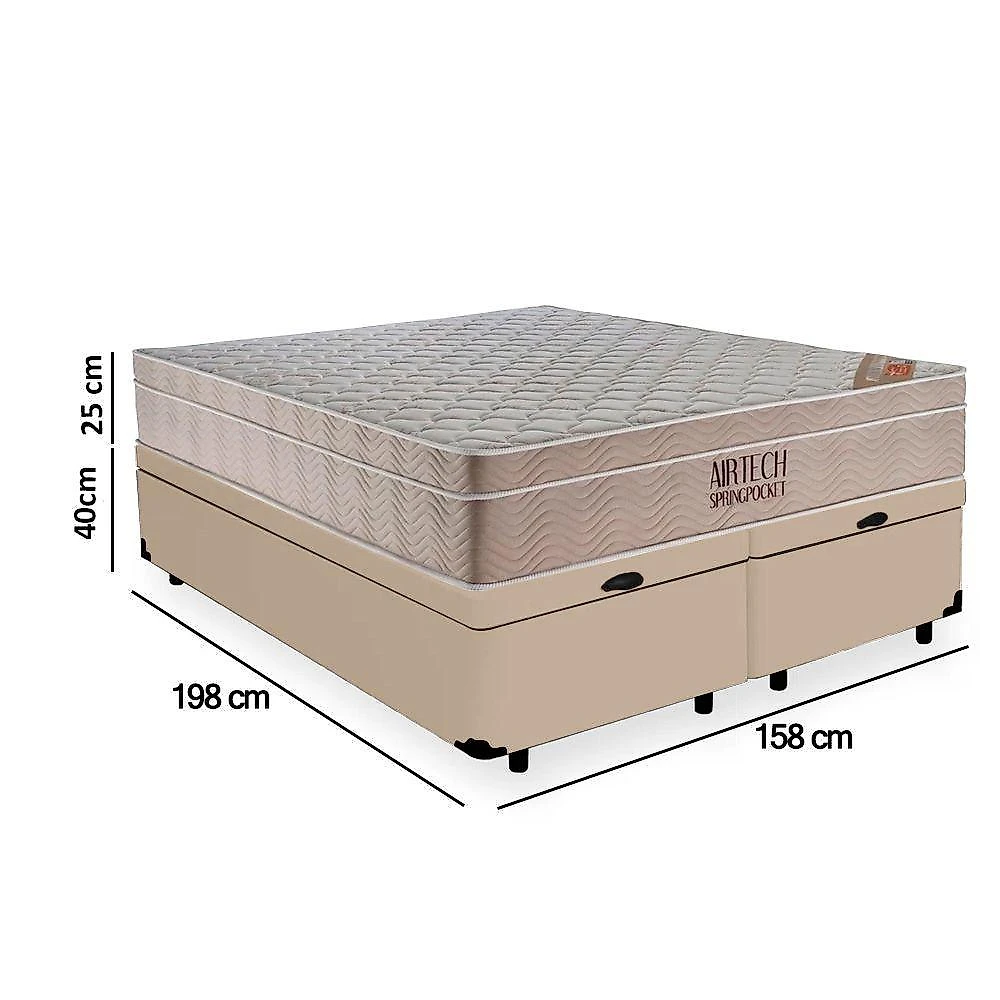 Cama Box Baú Queen Suede Bipartido + Colchão Ortobom Airtech Molas Ensacadas 65x158x198 Cor:bege