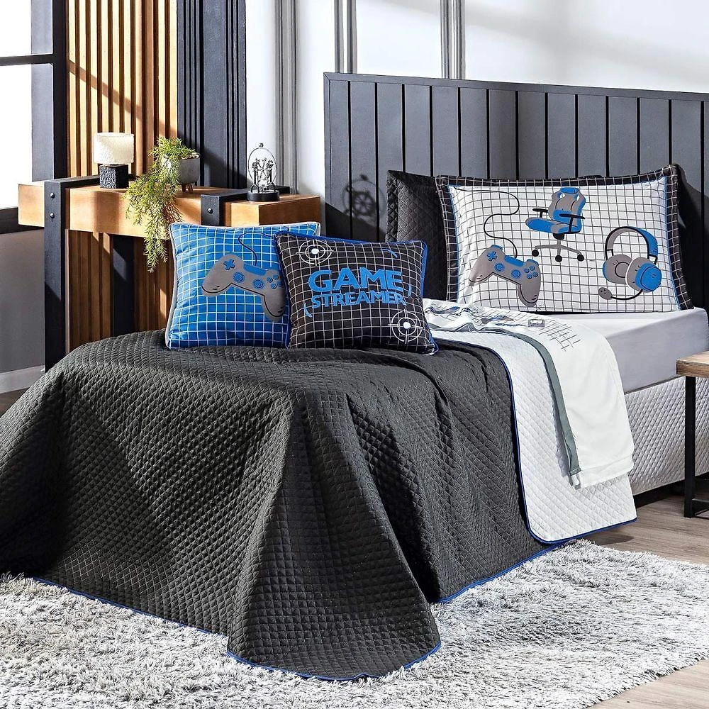 Kit Cobre Leito Colcha Queen Game Streamer Azul Dupla Face Com Almofadas Estampadas 07 Peças