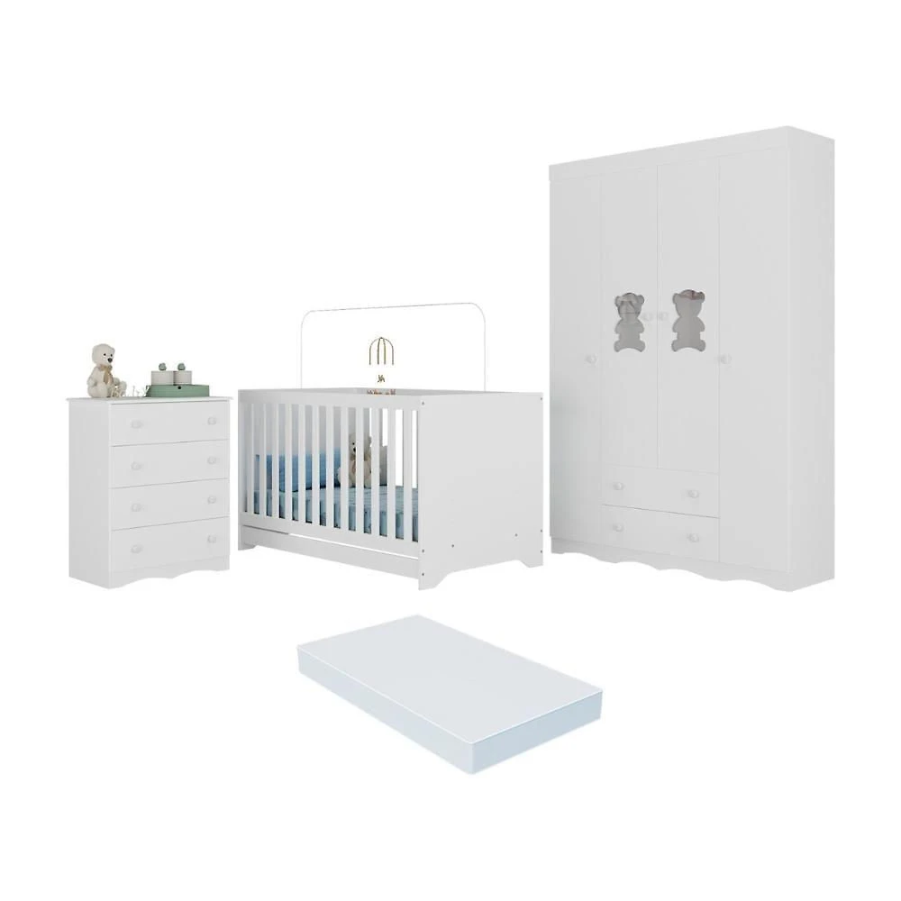 Quarto De Bebê Completo Com Berço Americano 3 Em 1 Colchão Doçura Multimóveis MP4666 Branco
