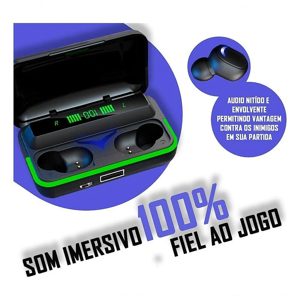 Fone de Ouvido Carisma E10 TWS Bluetooth Luz LED Azul-Turquesa à Prova D-água Preto
