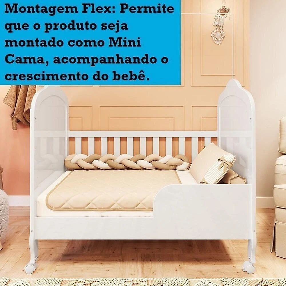 Quarto de Bebê com Berço Mini Cama e Cômoda com Janela Maya Clássico Espresso Móveis Branco Brilho