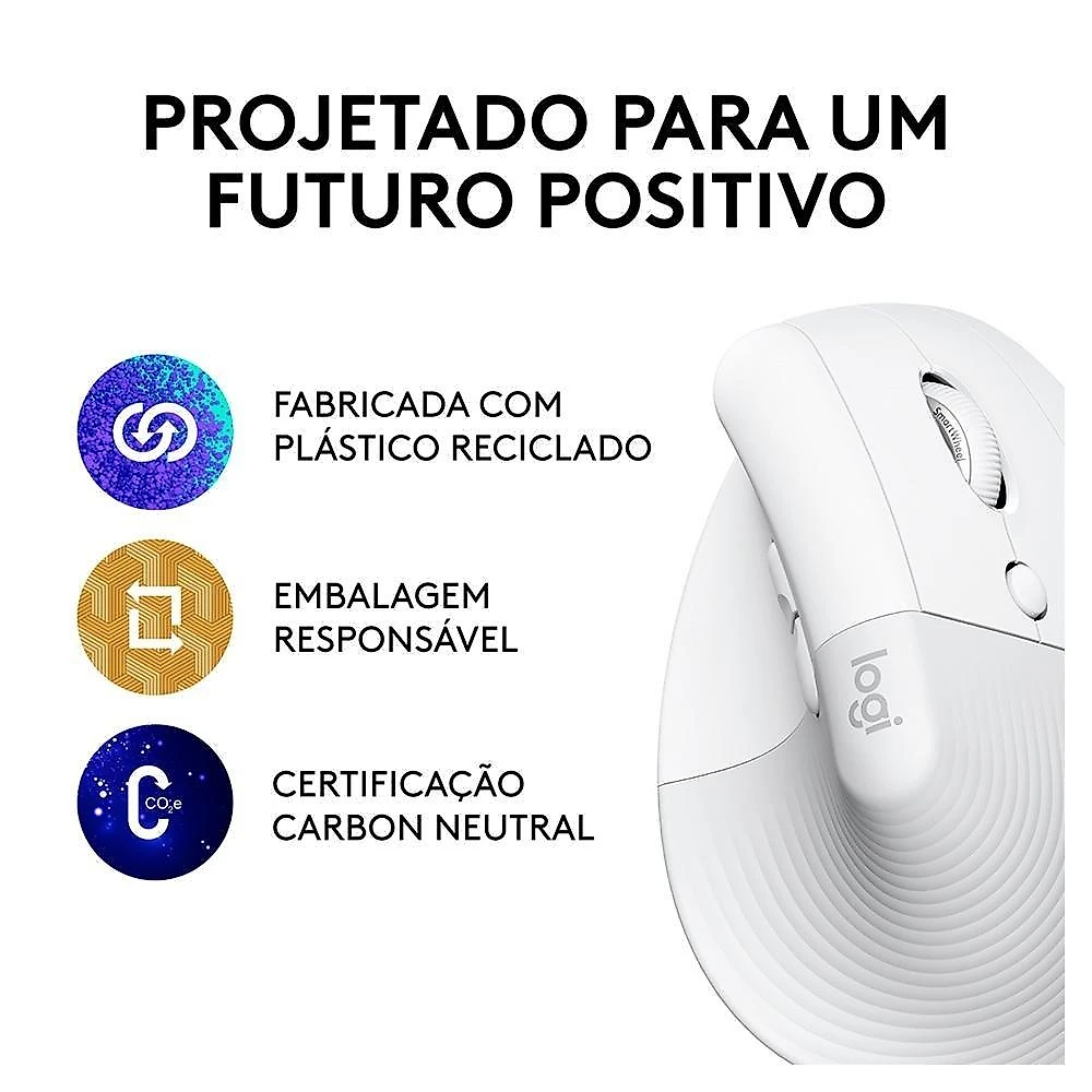 Mouse Sem Fio Logitech Lift, 4000 DPI, 6 Botões, Bluetooth, Ergonômico, USB, Branco - 910-006469
