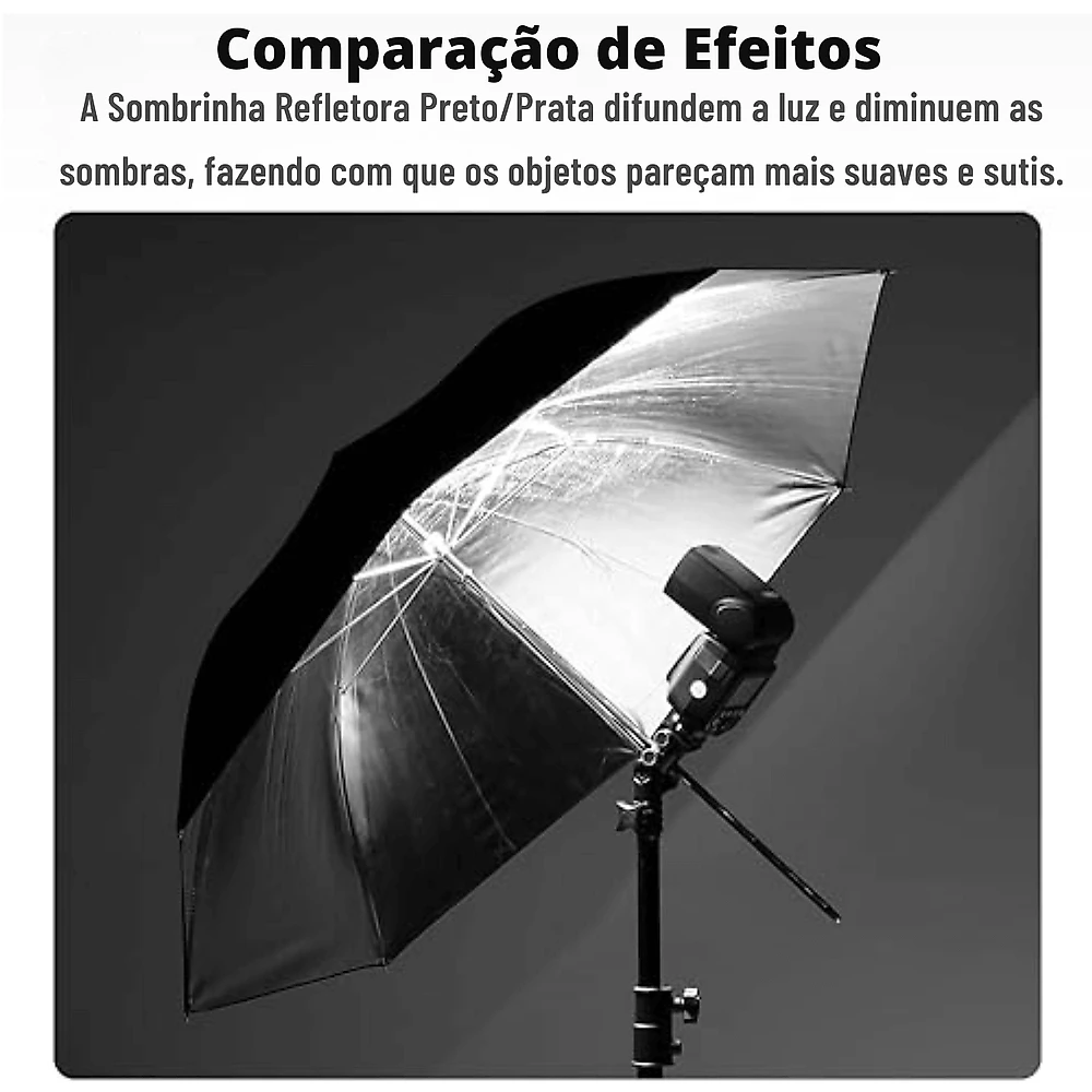 Sombrinha Refletora 90cm Guarda-Chuva Fotográfico Preto/Prata para Estúdio