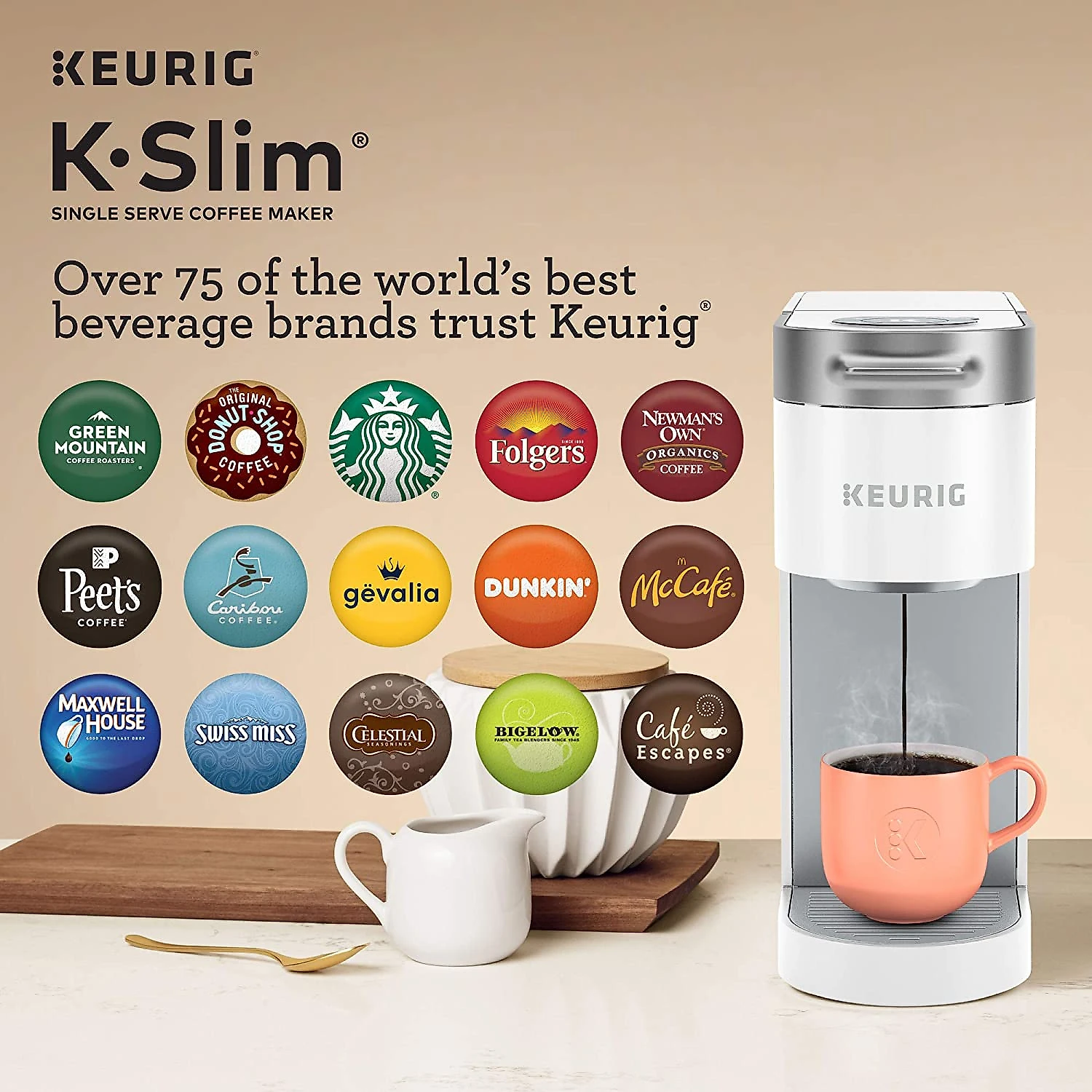 Keurig KSlim Coffee Maker Single Serve KCup Pod Coffee Brewer 8 to 12oz Brew Sizes White