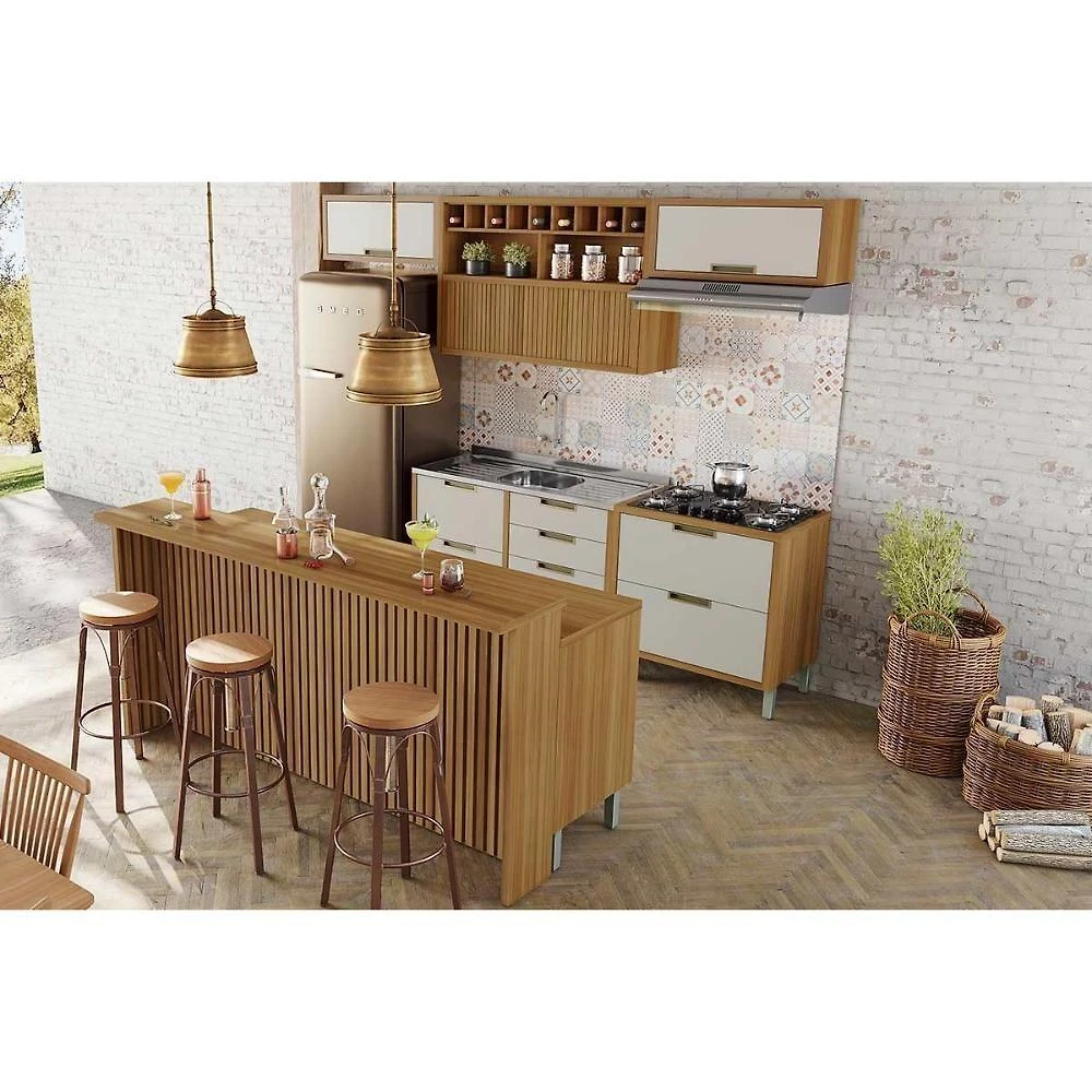 Kit Cozinha Modulada 8 Peças Imperatriz (3aéreos+4balcões+1ilha) C8p53 Freijo-off White - Nesher