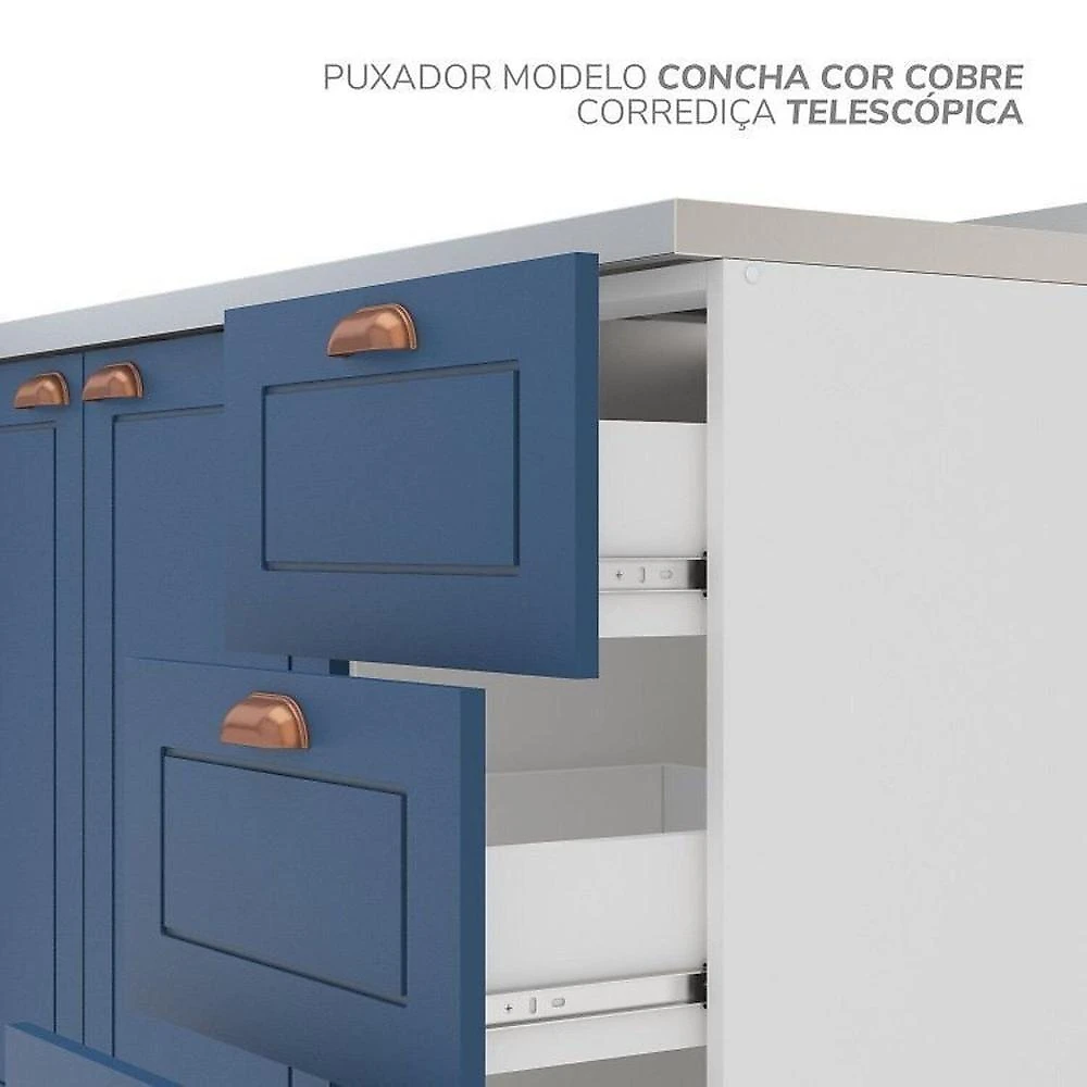 Cozinha Pérola com Rodapé 7 Peças com Cristaleira Yescasa  Azul