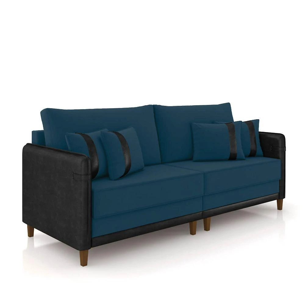 Sofá 3 Lugares Living 212cm Pé Madeira Valença Pto/veludo K01 - D\'rossi Cor Azul