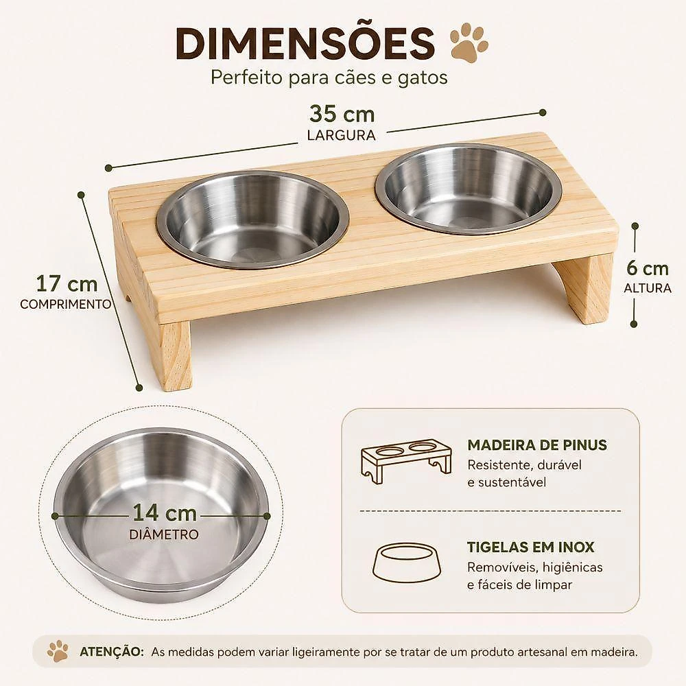 Comedouro e Bebedouro Duplo Tratador Pet com Suporte de Madeira Tratada para Cachorros e Gatos