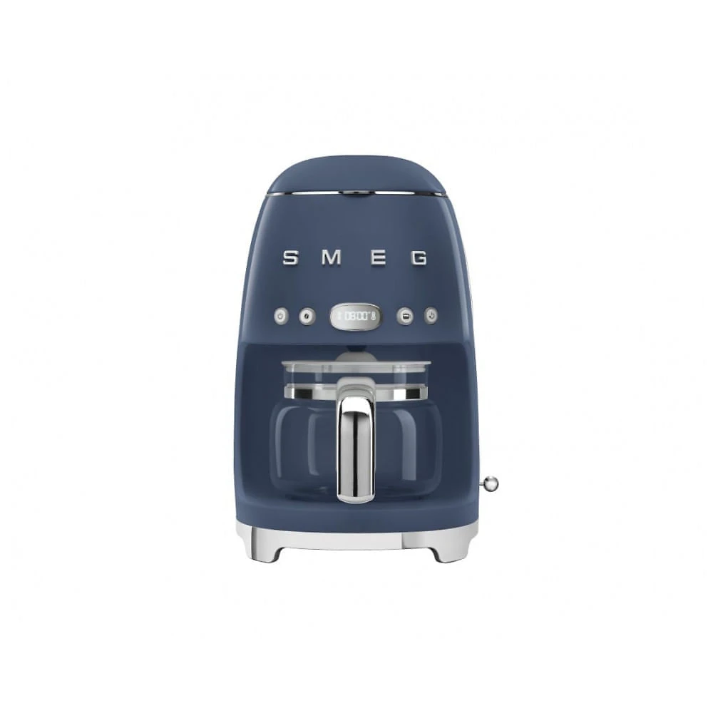 Cafeteira elétrica Smeg retrô azul marinho com jarra de vidro 10 xícaras, programação automática, controle de aroma e placa de aquecimento 60 min