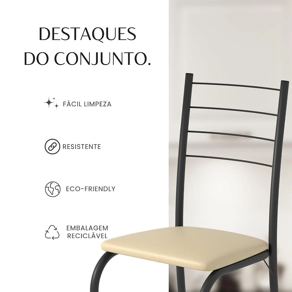 Conjunto Sala de Jantar Mesa Retangular 100x60cm Tampo Granito Ocre 4 Cadeiras Rio Creme / Preto Fosco