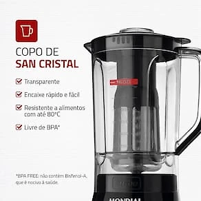 Miniatura Liquidificador Mondial Turbo Power L-99 FB Copo San Cristal 3 Velocidades 550W Preto 110V