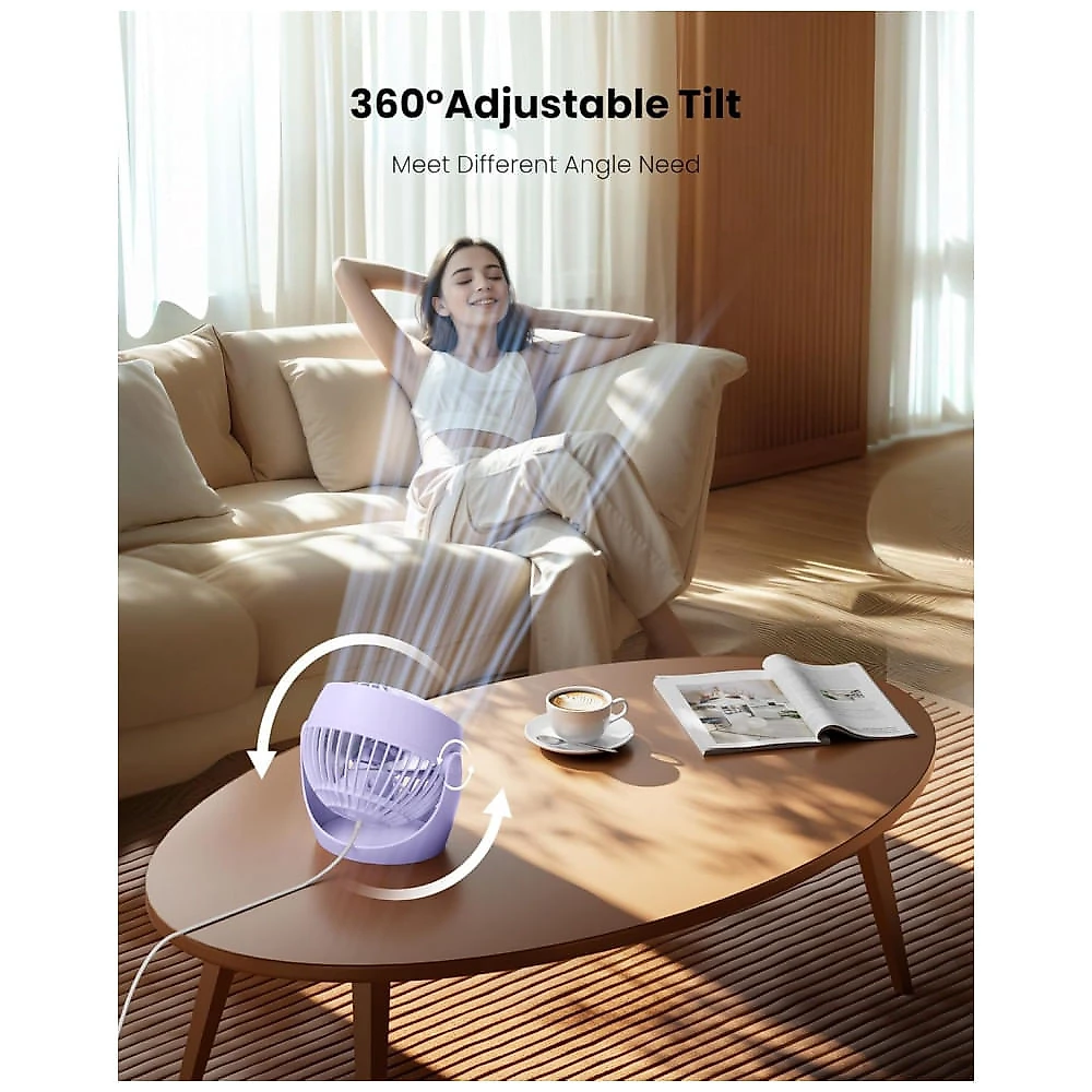 Ventilador de Mesa Gaiatop Roxo 11 cm, 3 Velocidades, Inclinação 360°, Silencioso 30 dB, Vento 6,2 m/s, Potência 6,8W, Modelo AF-01
