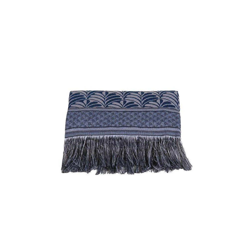 Manta para Sofa com Franja 2,10m X 1,35m Tecido Jacquard Azul Palmeira Luxor