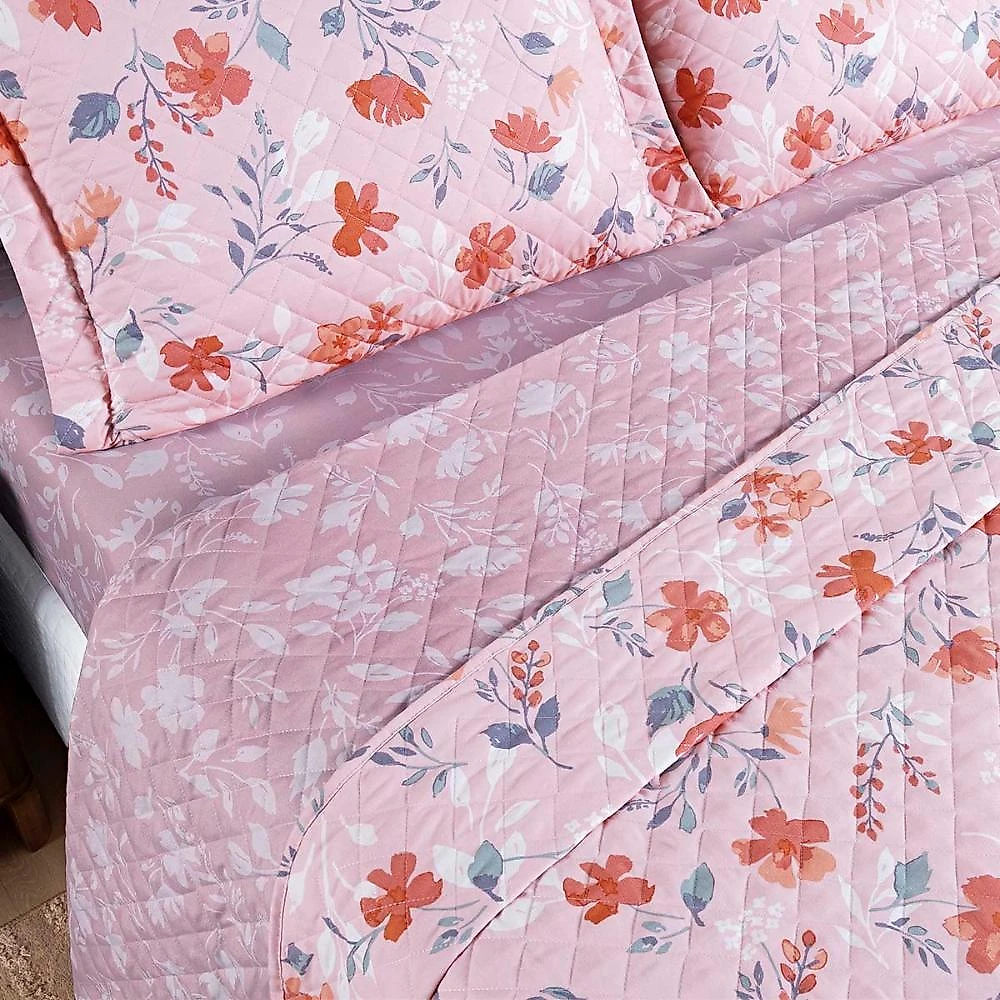 Kit cobre leito colcha belle queen estampado dupla face 400 fios 3 peças floral rosê