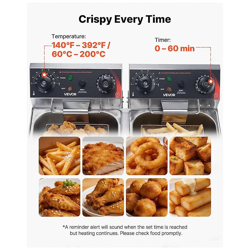 Fritadeira Elétrica Comercial VEVOR Duplo Tanque 18L Aço Inox com Temporizador e Dreno de Óleo 110V