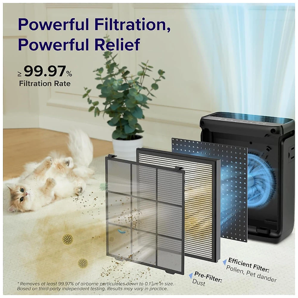 Purificador de Ar LEVOIT Vital 100SP Preto para Ambientes Amplos com Monitor de Qualidade do Ar, Conexão WiFi, Filtro Lavável, Modo Noturno HEPA