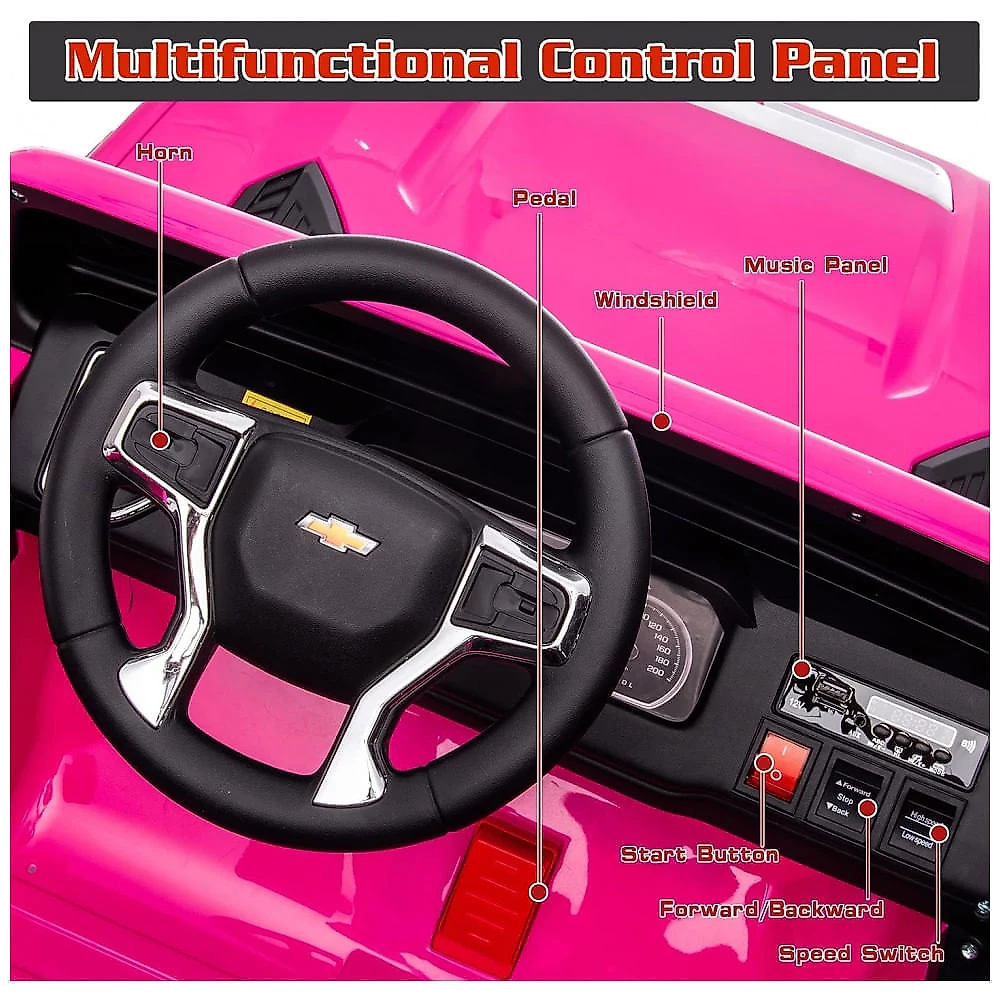 Carro Elétrico Infantil Chevrolet a Bateria 24V com 2 Lugares, Música, Luz LED e Controle Remoto, POSTACK, Rosa