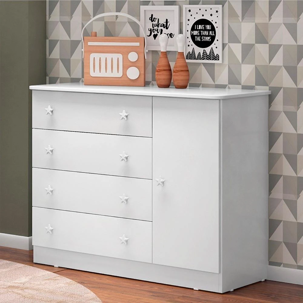 Cômoda Aurora 1 Porta 4 Gavetas MDP Puxador Sim Branco Qmovi