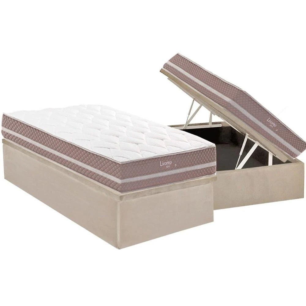 Conjunto Box Baú Solteiro: Colchão Molas Herval Maxspring Livorno + Base Crc Suede Clean (88x188)