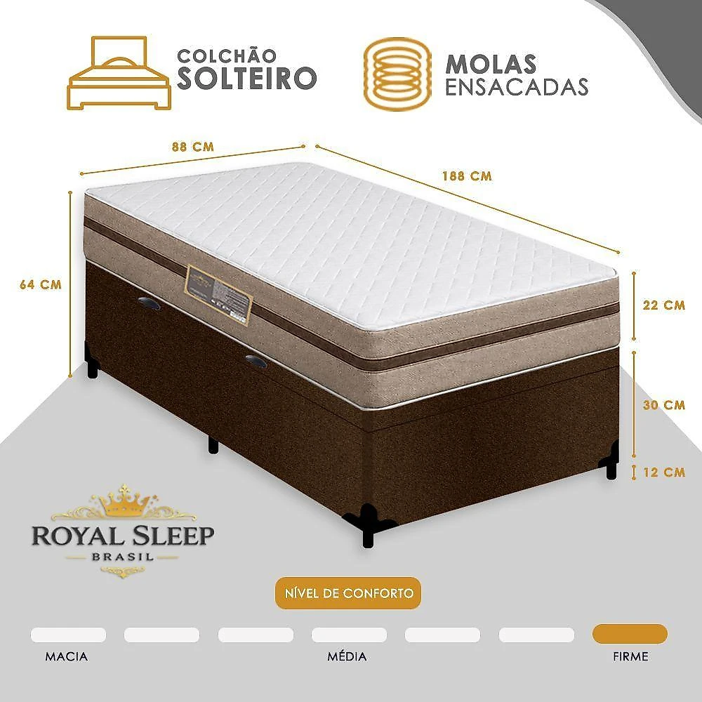 Cama Box com Baú Solteiro Bioclassic Molas Ensacadas Suede Marrom Royal Sleep 88CM