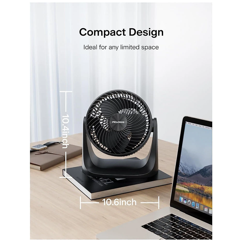 Ventilador Circulador de Mesa Pelonis Preto 18 cm, 3 Velocidades, Inclinação 100°, Lâmina Dupla Airfoil, Silencioso 38 dB, Modelo PSFT07M3ABB, 50W