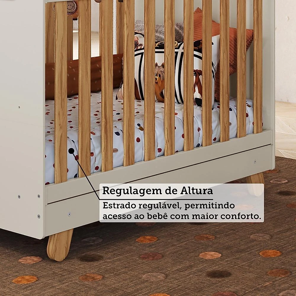 Quarto de Bebê Guarda-Roupa 4 Portas Cômoda e Berço Minicama 4 em 1 Levy 100% MDF Yescasa Amêndoa/Off White