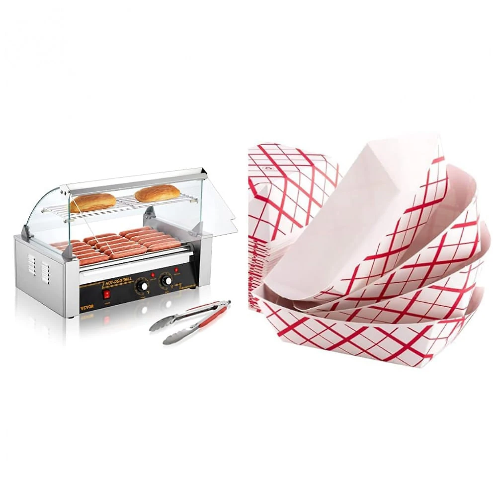 Grill de Cachorro-Quente VEVOR 7 Rolos 18 Salsichas Inox 1050W + 100 Bandejas Vermelhas 110V
