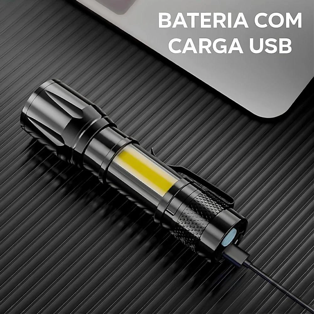 Lanterna Tática LED Recarregável USB Zoom Ajustável COB 3 Modos Preta