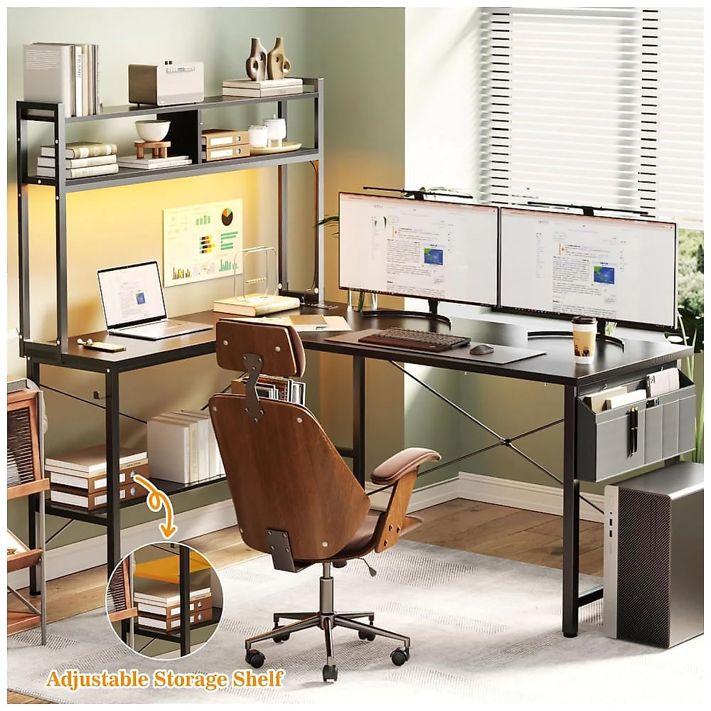 Mesa Gamer L Aheaplus 150 cm Preto com Tomada Elétrica, Luz LED, Prateleiras Reversíveis e Ganchos, Modelo 150 cm (150x150x48 cm)