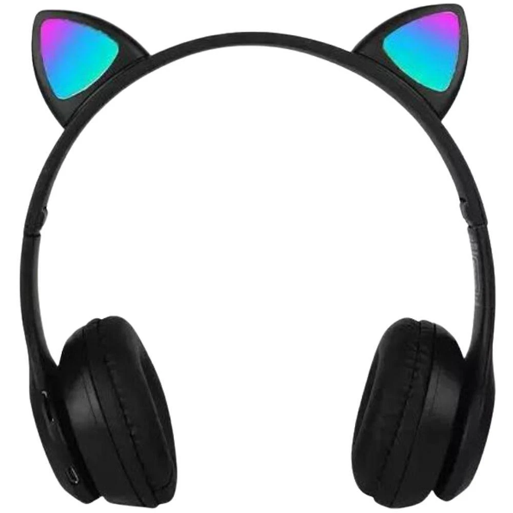 Fone Bluetooth Orelha De Gato Led Colorido Preto