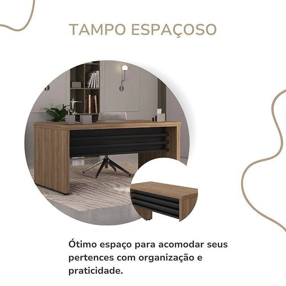 Conjunto Mesa Tamburato 1600, Mesa de Apoio, Balcão, Balcão com Gavetas e Armário Nogal com Preto