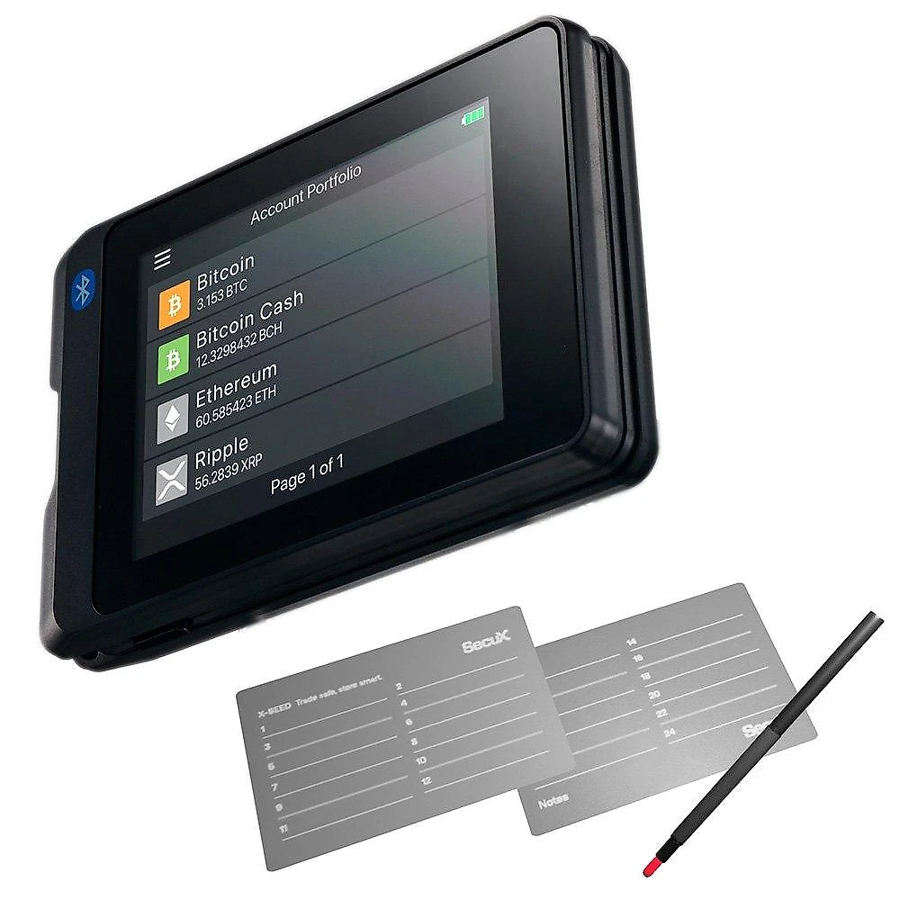 Carteira de Criptomoedas SecuX W20C-PLUS, USB, Bluetooth, Tela LCD, Inclui 2 Placas de Recuperação X-SEED, Preto - 98-011-010100