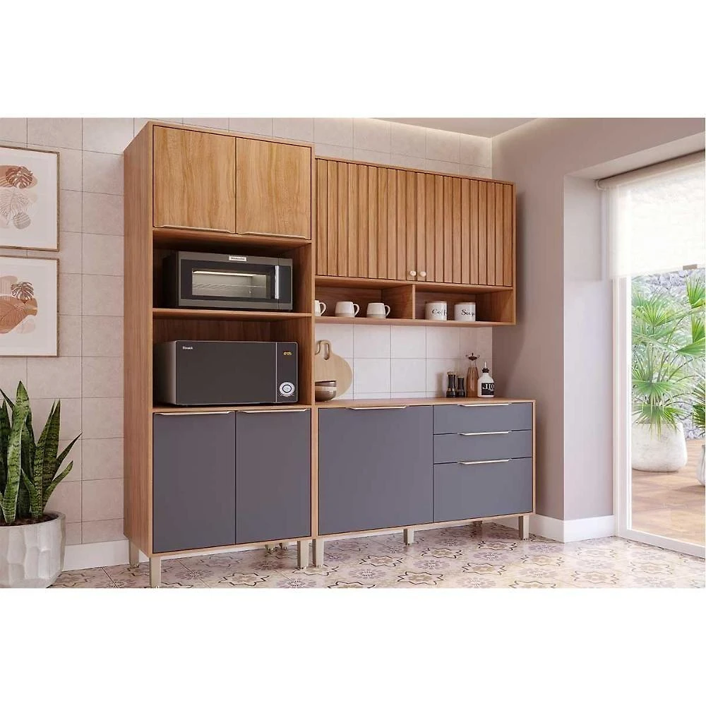 Kit Cozinha Divina C3P57 4 Portas 2 Gavetas MDF 120CM Cinza e Marrom MGM