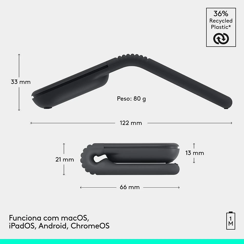 Mouse Sem Fio Logitech Mobi Fold, portátil, dobrável e slim, touch scroll, cliques discretos, 4K DPI, Bluetooth