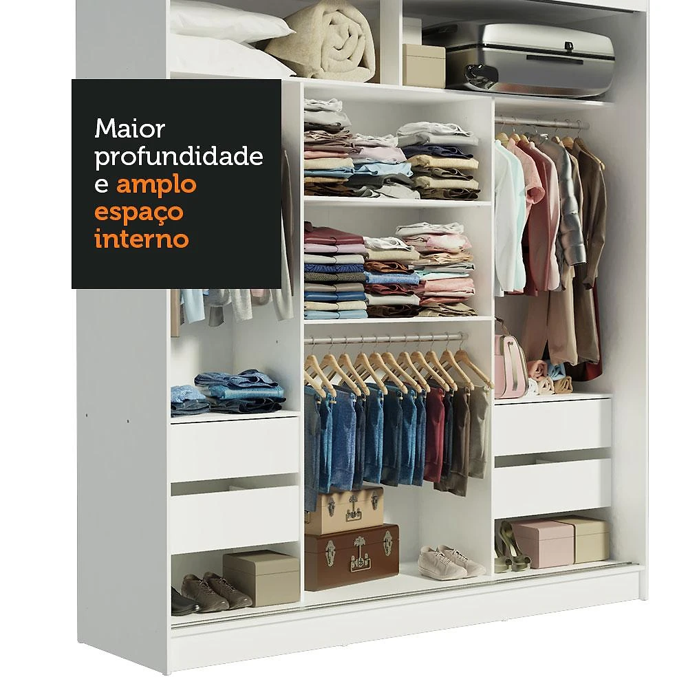 Guarda-Roupa Casal Madesa Reno 3 Portas de Correr com Espelho - Branco Branco