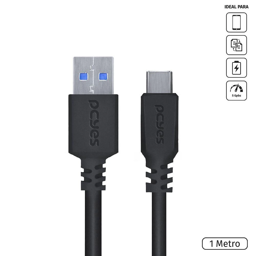 Cabo Para Celular Smartphone Usb Tipo C Para Usb A 3.0 1 Metro Preto - P3Uacp-1