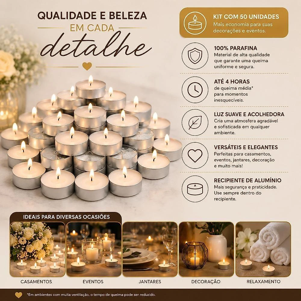 Kit 50 Velas Rechaud Decorativas Iluminacao Suave Chama Uniforme Branco Parafina Recipiente Aluminio
