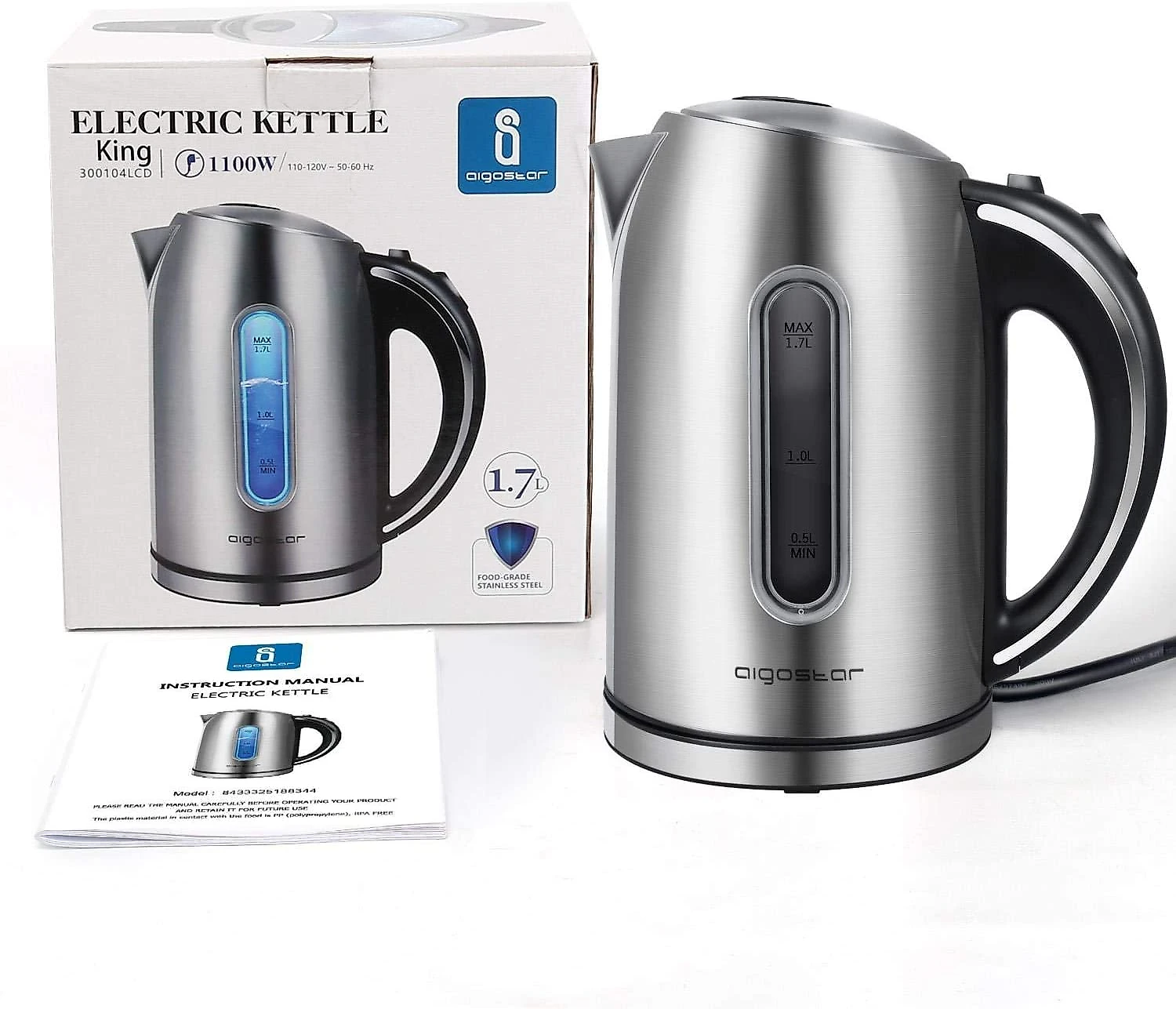 Aigostar King Chaleira Elétrica sem Fio 17L com Desligamento Automático 110V1100W Prata