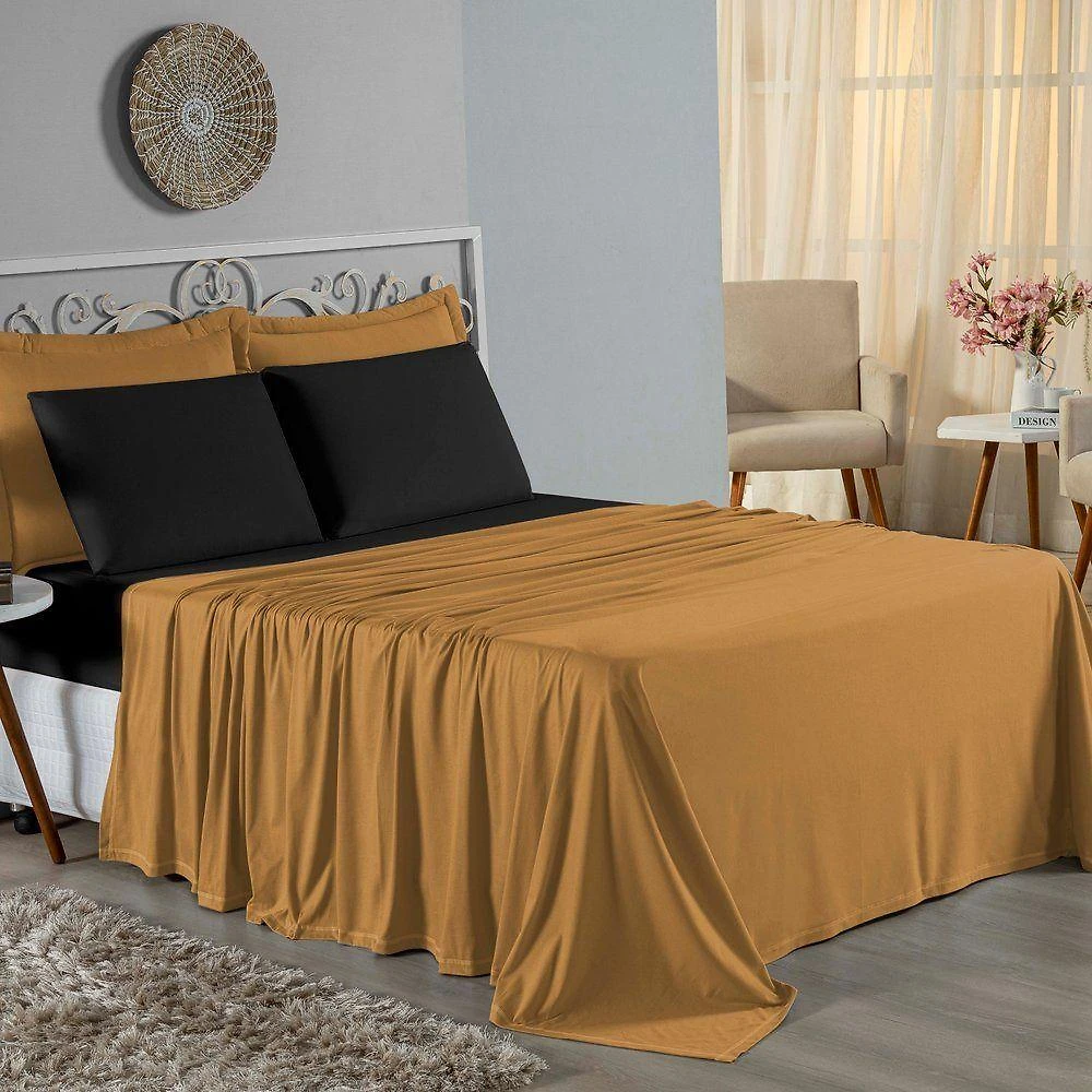 Jogo De Cama Casal Nobre 4 Peças Lençol Com Elástico De 30cm De Altura Malha 100% Algodão - Cobre / Preto