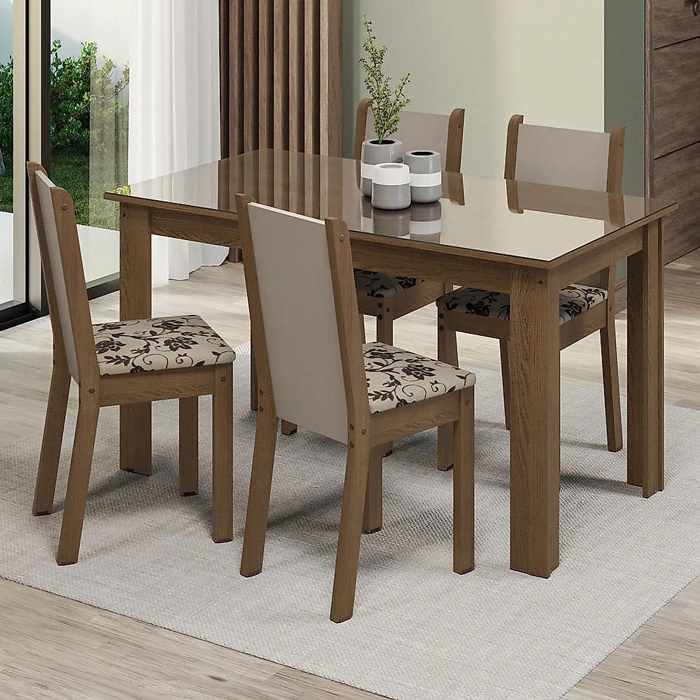 Conjunto sala de jantar mesa tampo de vidro 4 cadeiras rustic/crema/bege marrom suzy madesa