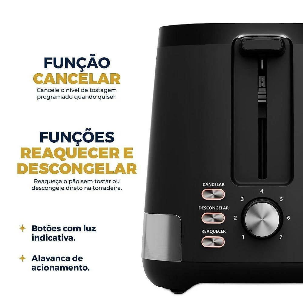 Torradeira BTR06A 7 Níveis Funções Cancelar Reaquecer e Descongelar Preto Britânia 220V